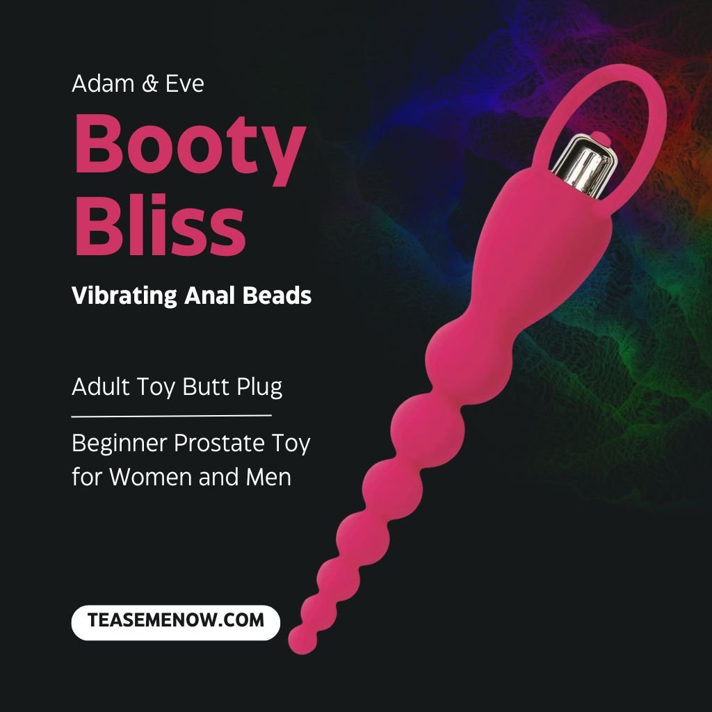 Adam & Eve Booty Bliss Vibrating Anal Beads, featuring a vibrant pink design with a tapered bead shape. The image highlights its vibrating function, making it an ideal beginner prostate toy for both men and women.