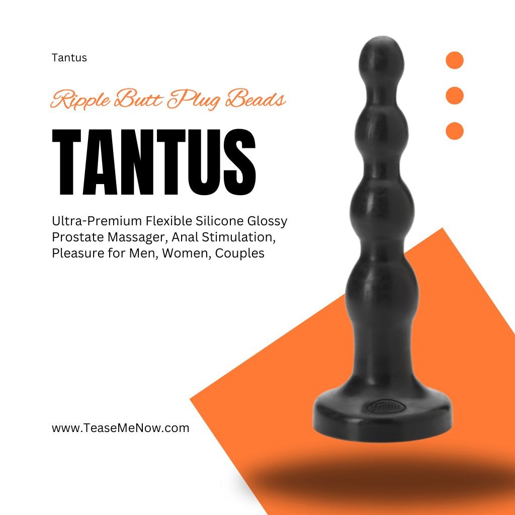 Tantus Ripple Butt Plug Beads, featuring a flexible black silicone design with a rippled shape for anal stimulation. The image highlights its ultra-premium glossy finish, suitable for prostate massage and pleasurable use by men, women, and couples.