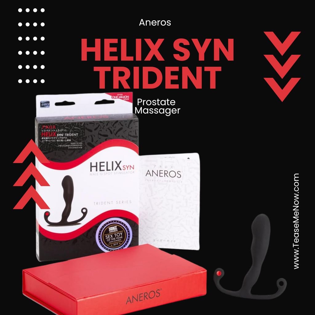 Product image of the Aneros Helix Syn Trident Prostate Massager. The image features the product packaging alongside the actual massager, which has a sleek, black design with curved ergonomic handles for precise stimulation. The bold text on the image highlights the product name 'Helix Syn Trident' in red, emphasizing it as a prostate massager. The background uses black and red accents, giving it a modern and dynamic look.