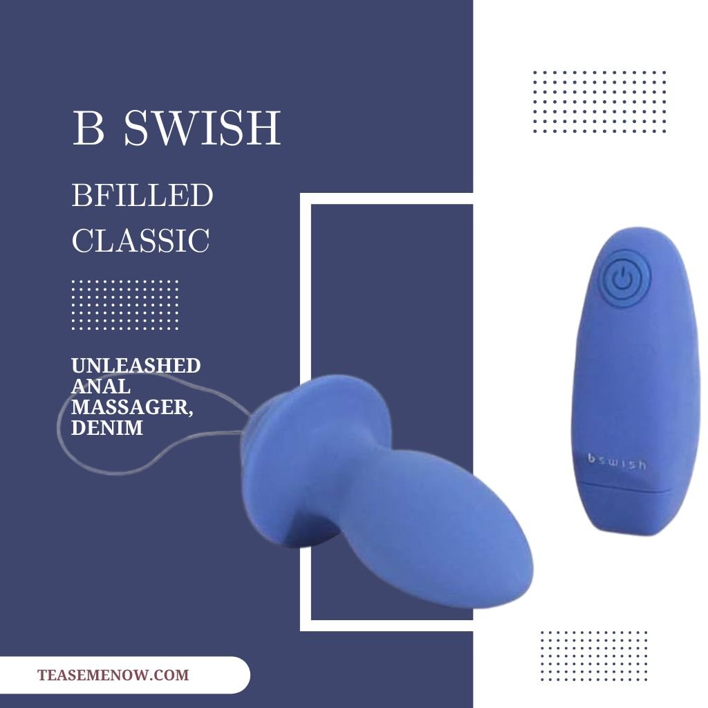 Product image of the B Swish Bfilled Classic Unleashed Anal Massager in denim blue. The image shows the smooth silicone anal massager alongside its wireless remote control, which features a simple power button. The text on the image describes the product as an 'Unleashed Anal Massager' with a modern design, highlighted by minimalist geometric shapes in the background, predominantly in blue and white tones.