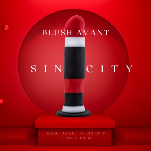 Blush Avant D5 Sin City Classic Dildo, featuring a bold red, black, and white striped design. The image highlights its artistic, colourful look and smooth texture, crafted for both visual appeal and pleasurable use.