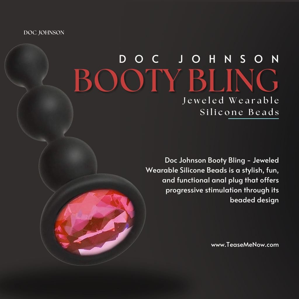 Doc Johnson Booty Bling, a jeweled wearable silicone plug featuring a beaded design for progressive stimulation. The image highlights its stylish black silicone body with a vibrant red gem at the base, combining aesthetics with functionality for pleasurable wear.