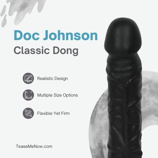 Doc Johnson Classic Dong, featuring a realistic black design with textured details for enhanced stimulation. The image highlights its flexible yet firm material, available in multiple size options for a customised experience.