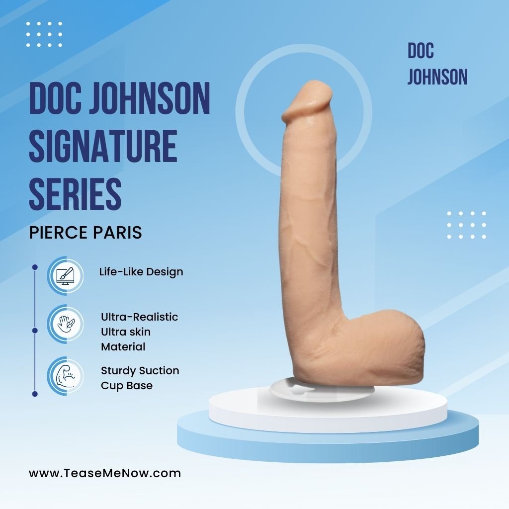 Image of the Doc Johnson Signature Series Pierce Paris 9-inch realistic ULTRASKYN dildo. The product is displayed upright on a white platform with a blue background. Product features such as a life-like design, ultra-realistic ULTRASKYN material, and a sturdy suction cup base are listed on the left. The Doc Johnson logo is visible at the top right, and the website teasemenow.com is displayed at the bottom.