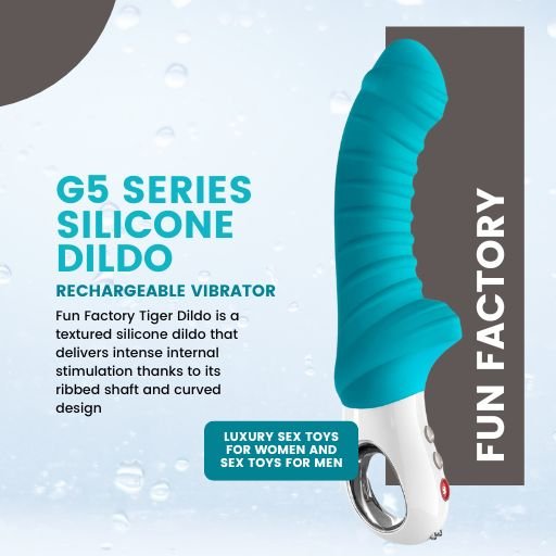 Product image of the Fun Factory G5 Series Silicone Dildo Rechargeable Vibrator. The turquoise-coloured dildo features a ribbed shaft and curved design for enhanced internal stimulation. The ergonomic handle includes easy-to-use controls. The accompanying text highlights it as a luxury rechargeable silicone vibrator designed for both men and women, emphasizing its textured design for intense pleasure.