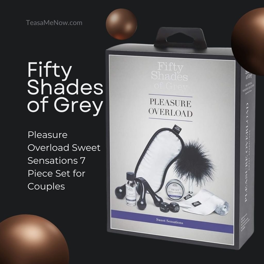 Fifty Shades of Grey Pleasure Overload Sweet Sensations 7-Piece Set for Couples, featuring a luxurious collection of sensory toys and accessories designed for intimate pleasure. The set includes items like a feather tickler, blindfold, and sensual oils, perfect for enhancing couple experiences.
