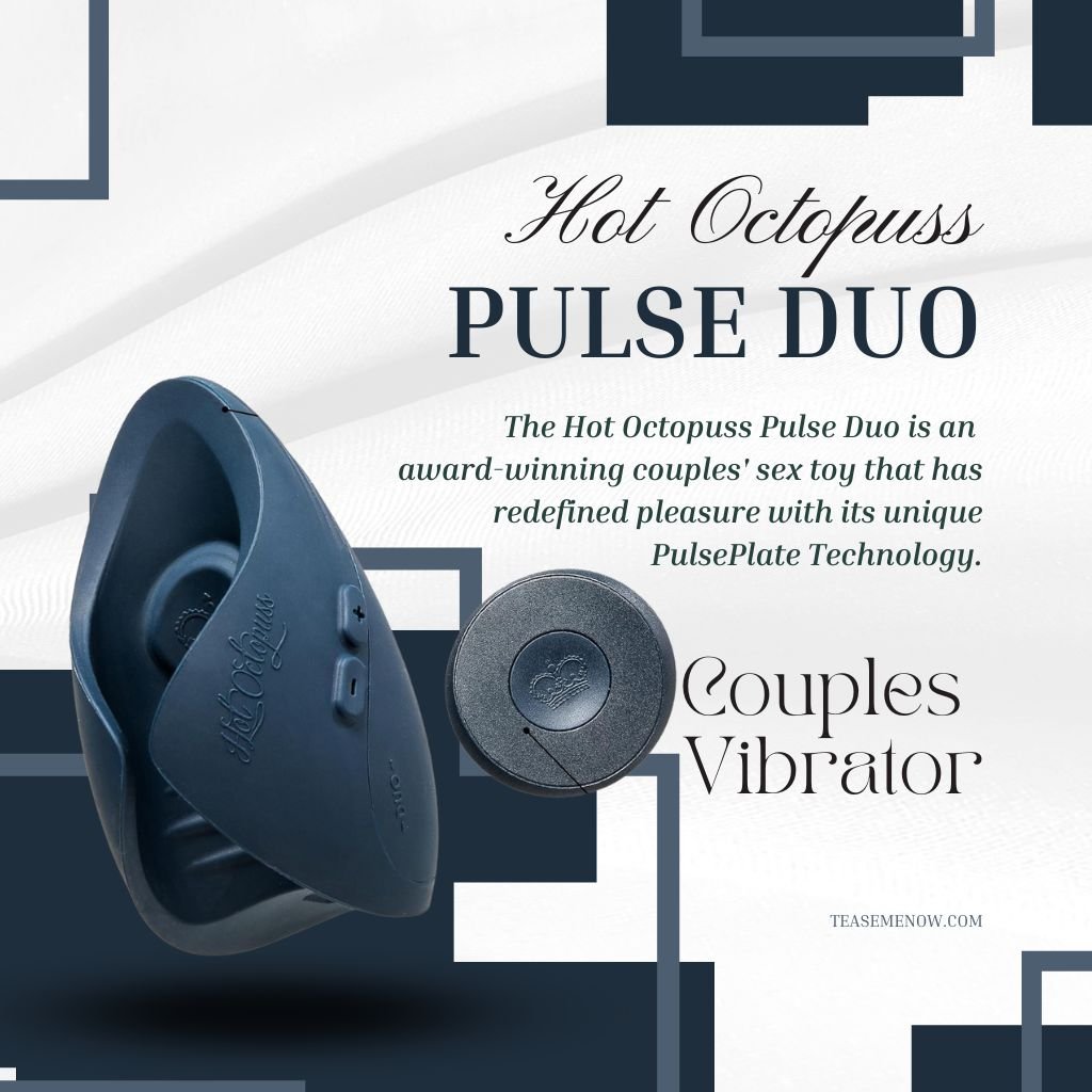Hot Octopuss Pulse Duo Couples Vibrator, featuring a sleek navy-blue design with unique PulsePlate technology. The image highlights its award-winning functionality, designed to provide enhanced pleasure for couples during intimate moments.