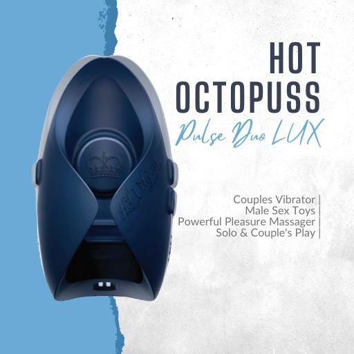 Hot Octopuss Pulse Duo LUX, a navy-blue couples vibrator designed for both solo and partner play. The image showcases its powerful, hands-free pleasure massager, ideal for male stimulation and enhancing intimate experiences for couples.