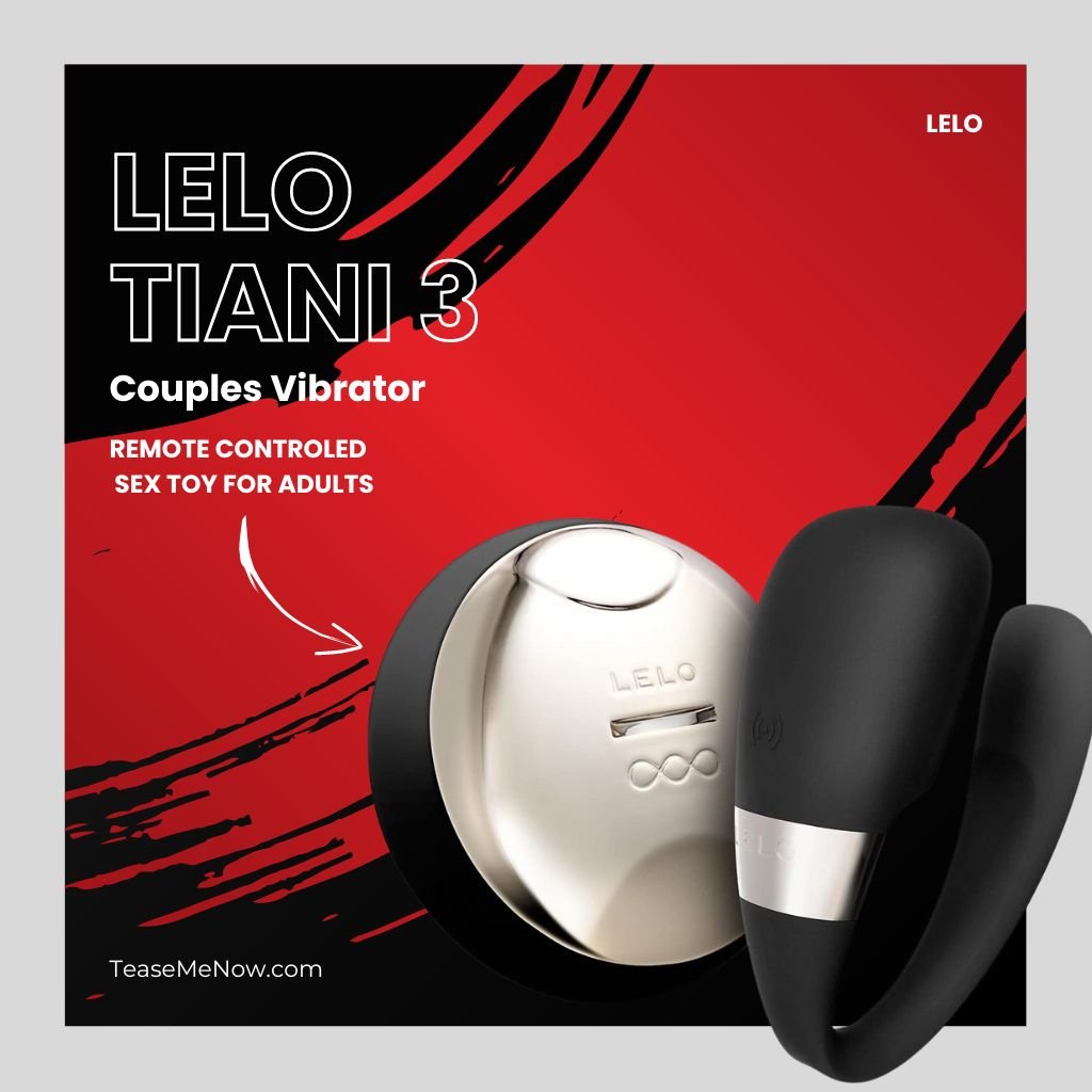 LELO Tiani 3 Couples Vibrator, featuring a sleek black design with a silver remote control. The image highlights its remote-controlled functionality, designed for shared pleasure between partners during intimate moments.
