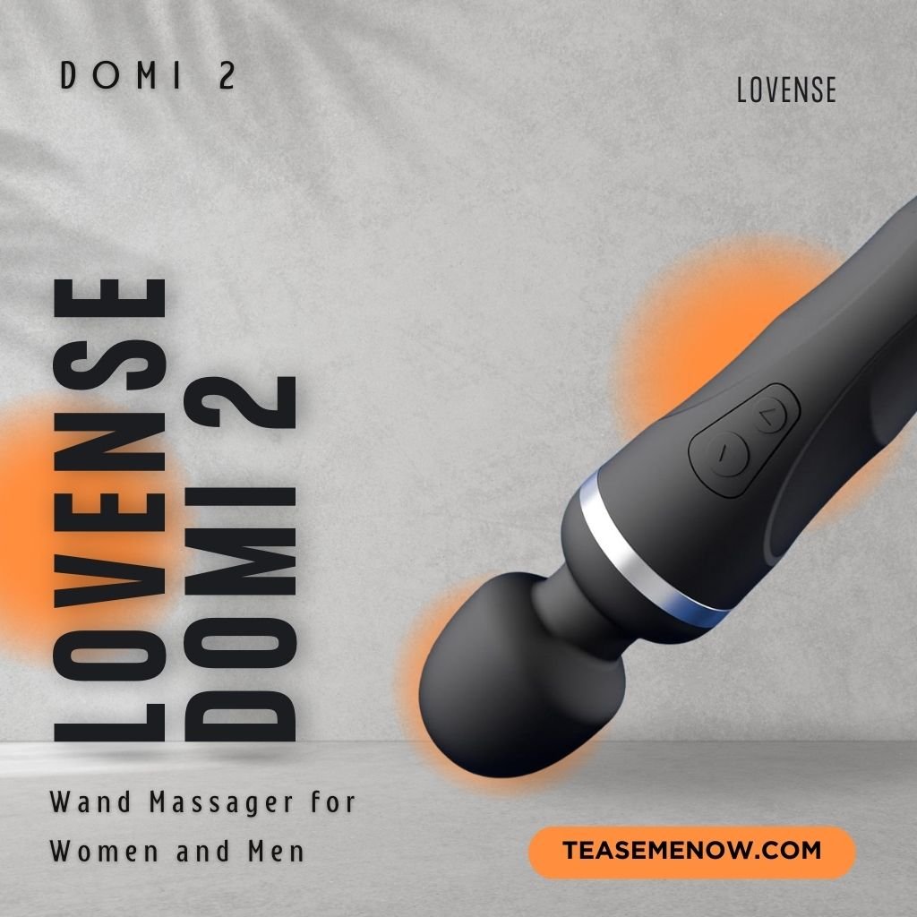 Lovense Domi 2 Wand Massager for Women and Men, featuring a sleek black design with easy-to-use controls. The image highlights its powerful vibration function, designed for versatile and intense stimulation.