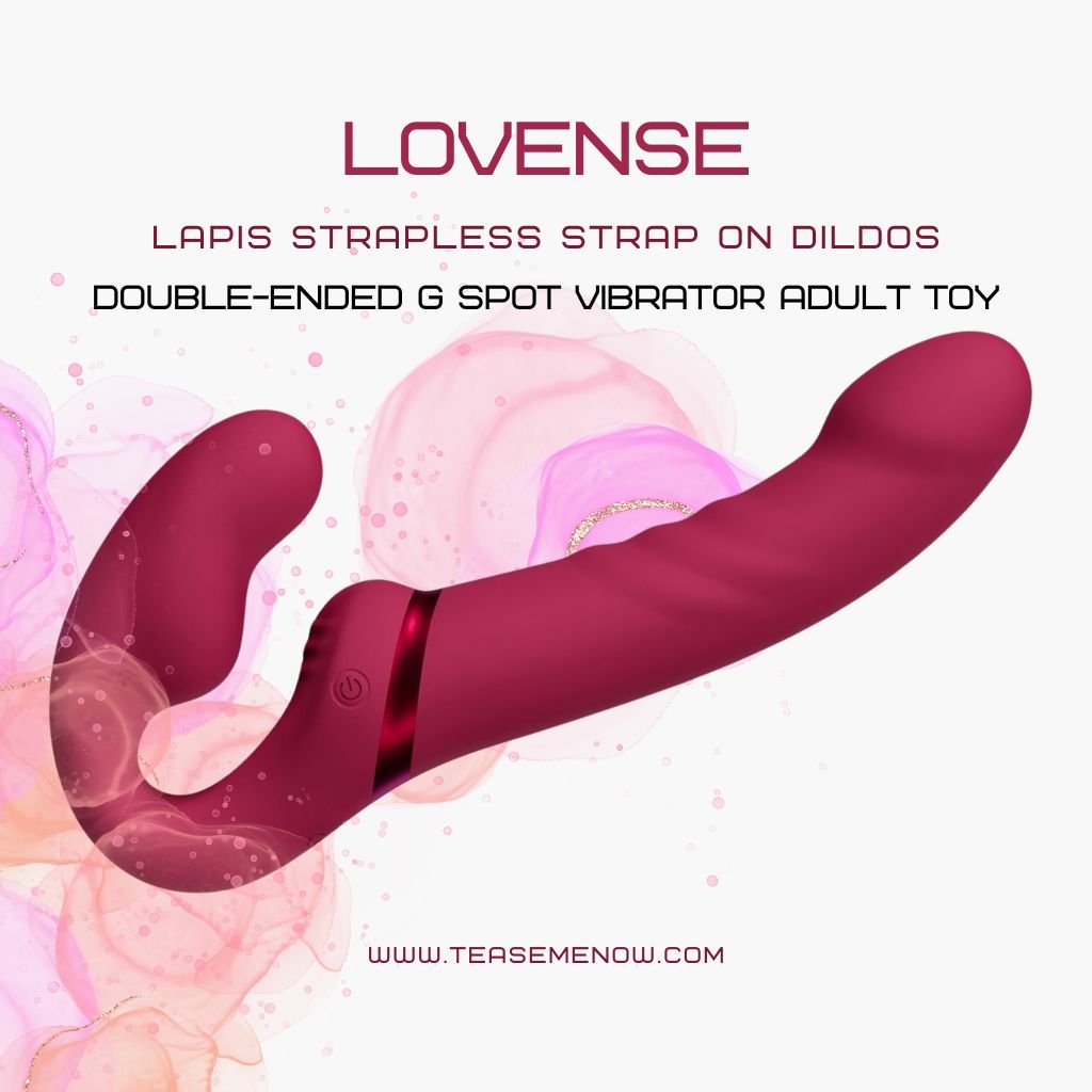 Product image of the Lovense Lapis Strapless Strap-On Dildo, a double-ended G-spot vibrator in a deep red colour. The sleek design features two ends: one curved for G-spot stimulation and a larger ribbed end for insertion. The background consists of soft pink and peach abstract swirls, adding a sensual touch. The text highlights the product as a strapless strap-on designed for G-spot stimulation and adult play, with the website teasemenow.com included at the bottom.