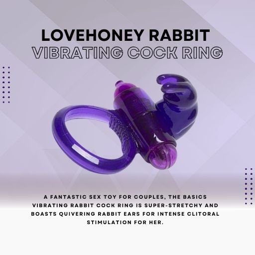 Lovehoney Rabbit Vibrating Cock Ring, featuring a stretchy purple design with vibrating rabbit ears for intense clitoral stimulation. The image highlights its dual functionality, providing pleasure for both partners during intimate moments.