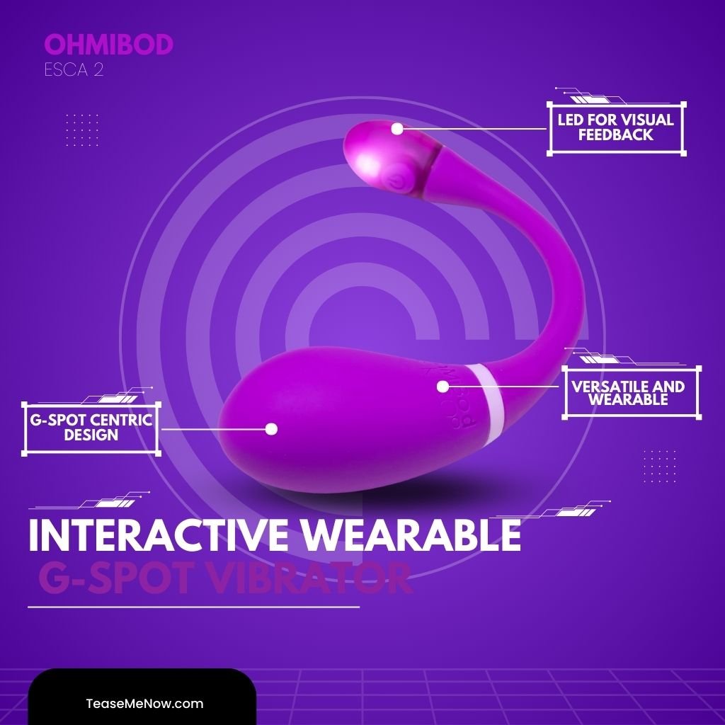 Image of the OhMiBod Esca 2 Interactive Wearable G-Spot Vibrator. The product is displayed in vibrant purple against a matching purple background with concentric design elements. Labels highlight its key features: 'G-spot centric design,' 'LED for visual feedback,' and 'Versatile and wearable.