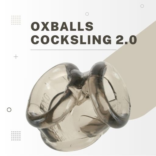 Oxballs CockSling 2.0, featuring a transparent, stretchy design for enhanced support and stimulation. The image highlights its unique shape, designed to fit comfortably around both the penis and testicles, offering defined pleasure and performance enhancement.
