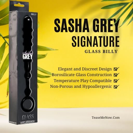 Sasha Grey Signature Glass Billy, featuring a sleek black design made from borosilicate glass. The image highlights its elegant and discreet appearance, non-porous and hypoallergenic material, and compatibility with temperature play for enhanced sensations.