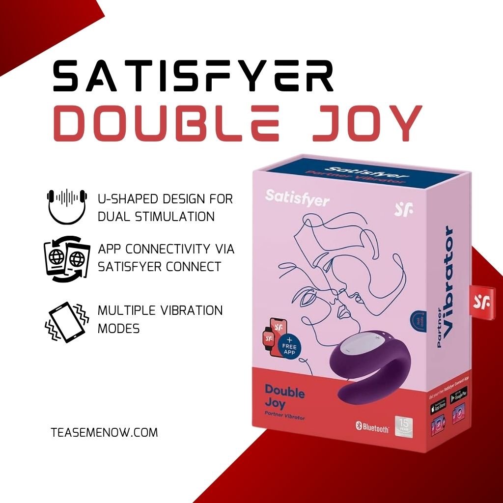 Satisfyer Double Joy Partner Vibrator, featuring a U-shaped design for dual stimulation. The image highlights its app connectivity via Satisfyer Connect, offering multiple vibration modes for personalised pleasure and enhanced couple experiences.