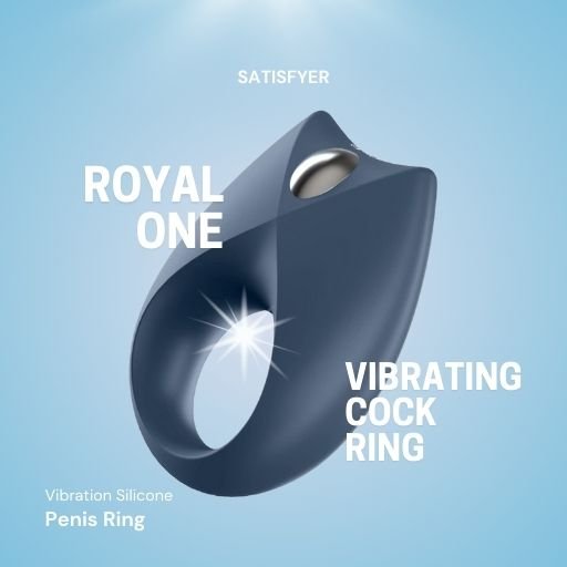 Satisfyer Royal One Vibrating Cock Ring, featuring a sleek dark blue silicone design with vibration functionality. The image highlights its app-controlled settings for personalised pleasure and its ergonomic shape for enhanced stimulation during intimate moments.