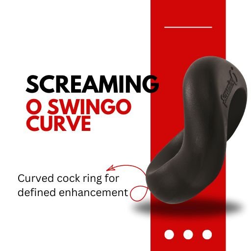 Screaming O Swingo Curve, a black curved cock ring designed for defined enhancement. The image showcases its ergonomic and flexible shape, providing comfort and pleasure during intimate moments.