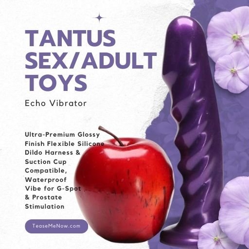 An advertisement for the 'Tantus Sex/Adult Toys' Echo Vibrator. The product is prominently featured on the right side of the image, a glossy, purple vibrator with a sleek, curved design. A vibrant red apple rests next to the toy, symbolizing freshness and allure. Surrounding the product are soft lavender flowers, adding a subtle touch of elegance and calmness to the image.