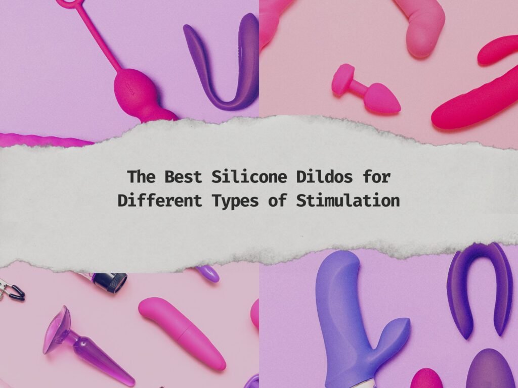 Image showcasing a collection of brightly coloured silicone dildos and other sex toys against a split background in pink and purple. The centre of the image features a torn paper effect with the text, 'The Best Silicone Dildos for Different Types of Stimulation,' written in bold, black letters. Various shapes and designs of dildos, including curved and straight models, are visible on either side.