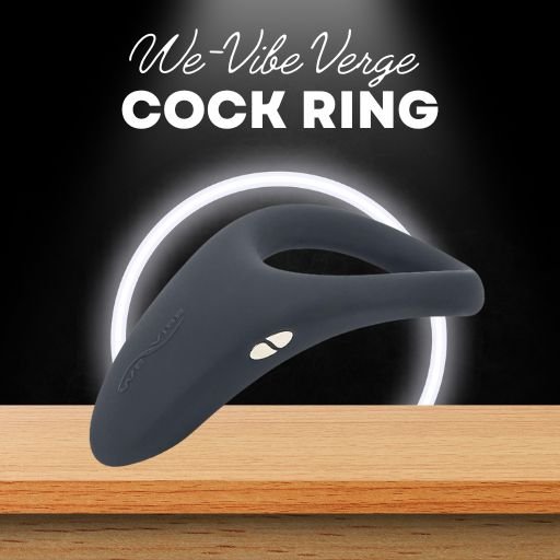 We-Vibe Verge Cock Ring, a sleek, ergonomically designed vibrating ring in black. The image highlights its flexible shape, designed to stimulate the perineum, and its compatibility with app and remote control for enhanced pleasure.