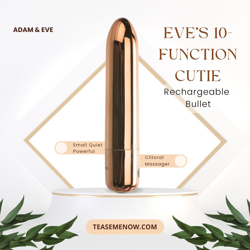 An advertisement for 'Adam & Eve’s Eve's 10-Function Cutie Rechargeable Bullet.' The product, a sleek rose-gold coloured bullet-shaped vibrator, is centered with the tagline 'Small, Quiet, Powerful' and labelled as a 'Clitoral Massager.' The overall design is minimalistic, with subtle green leaves at the bottom corners. The text promotes the product's multiple vibration functions and highlights its rechargeable feature.
