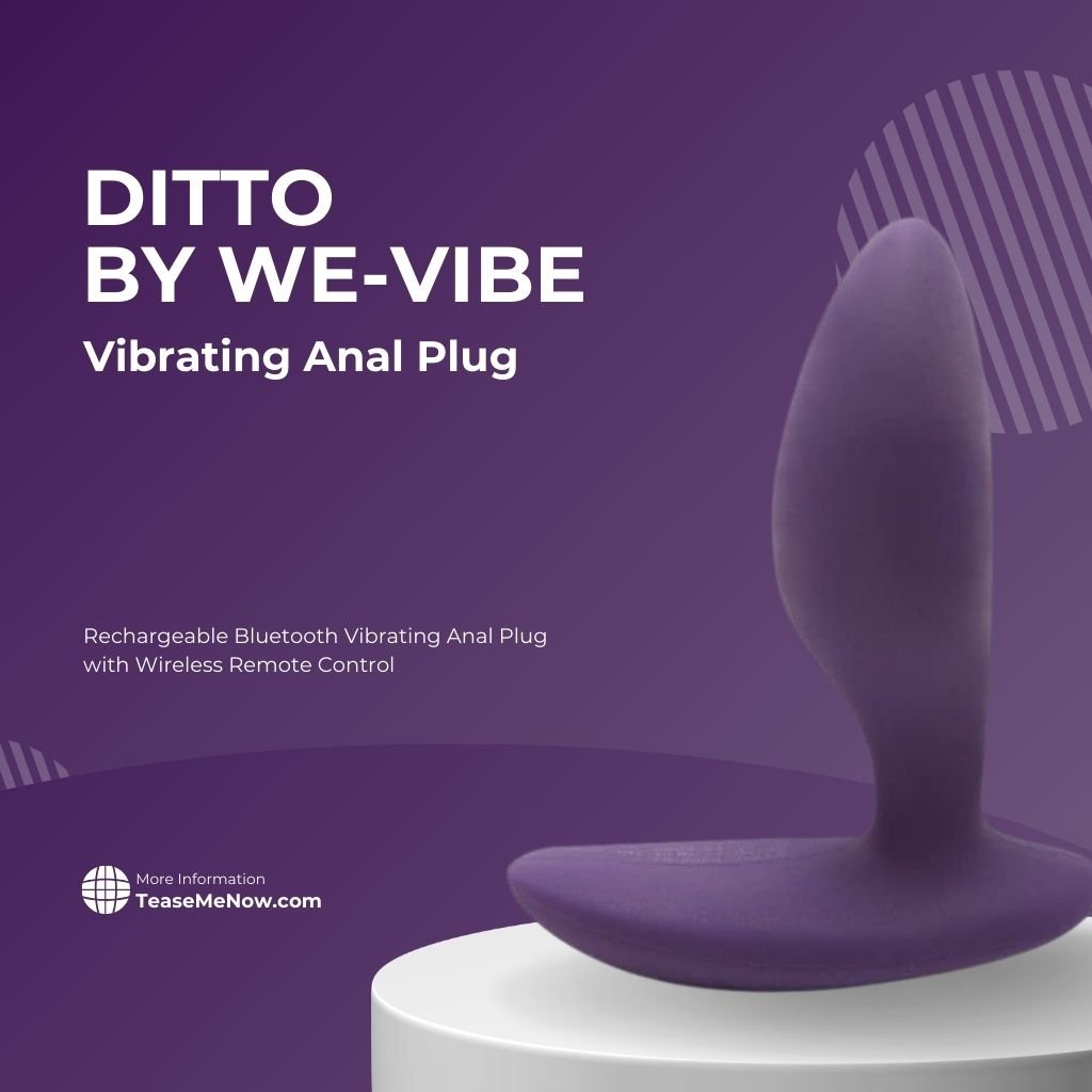 Ditto by We-Vibe Vibrating Anal Plug - A rechargeable, Bluetooth-enabled vibrating anal plug with a sleek design, shown against a purple background. The product features wireless remote control for enhanced convenience and pleasure.