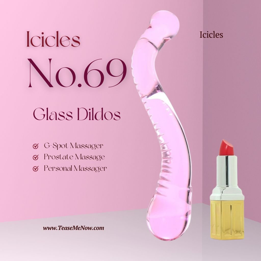 Promotional image for Icicles No.69 Glass Dildos. The glass toy is designed for G-Spot, Prostate, and Personal Massage. The background is soft pink with a stylish lipstick placed on the side, adding a touch of elegance. The text highlights its versatile use as a G-Spot massager, prostate massage tool, and personal massager. Website: www.TeaseMeNow.com.