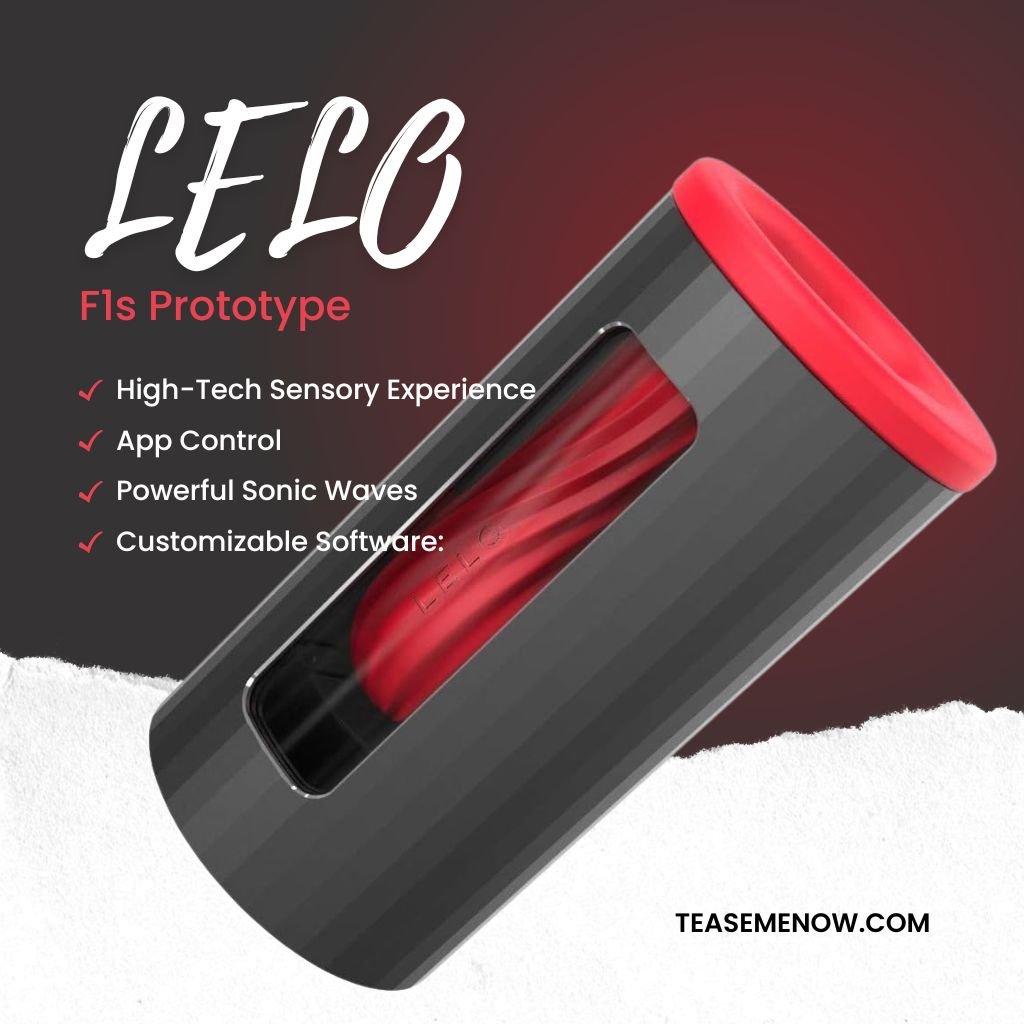 The image displays the "LELO F1s Prototype," a high-tech, black and red sensory device designed for an advanced user experience. The product is described with key features such as "High-Tech Sensory Experience," "App Control," "Powerful Sonic Waves," and "Customizable Software." The overall look is modern and sleek, highlighting the product’s premium and innovative design