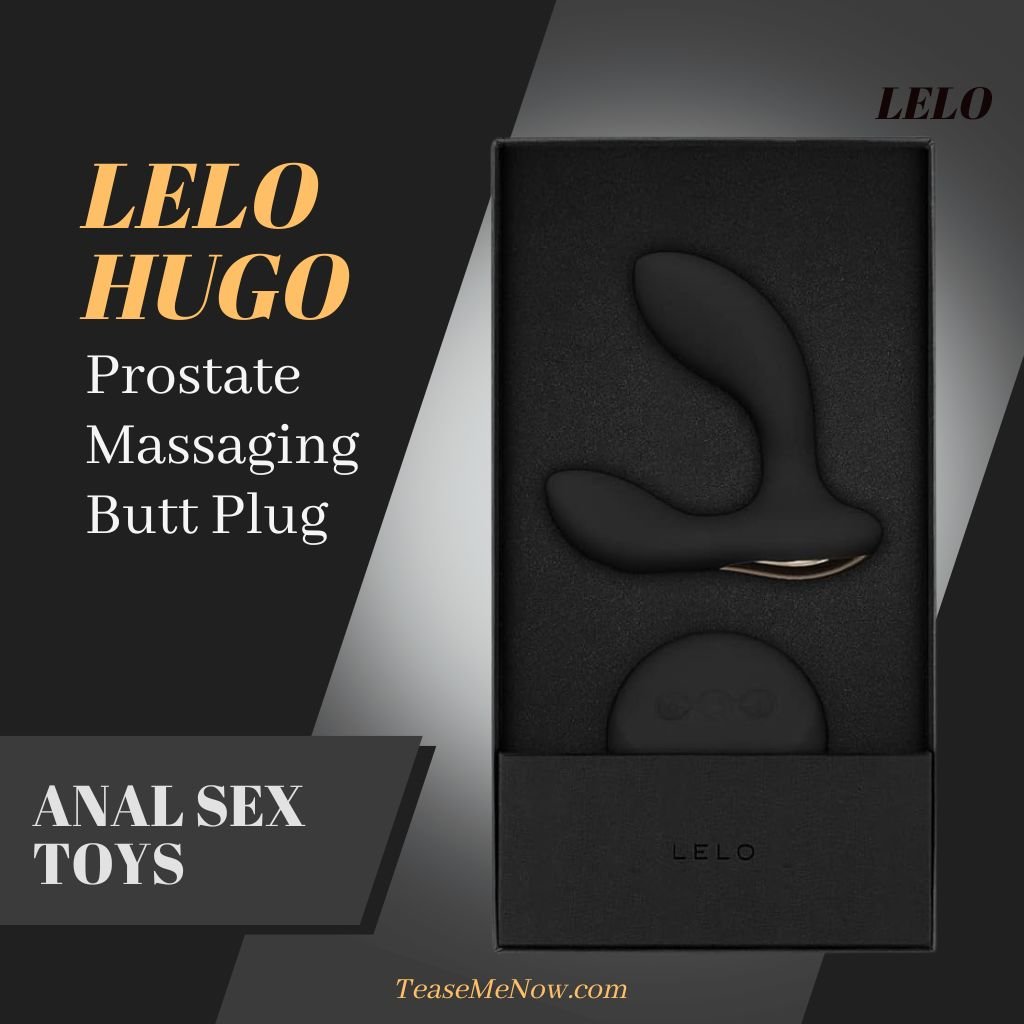 Image of the LELO Hugo Prostate Massaging Butt Plug in black packaging. The text reads: 'LELO Hugo Prostate Massaging Butt Plug' with 'Anal Sex Toys' highlighted below. The website 'TeaseMeNow.com' is displayed at the bottom.