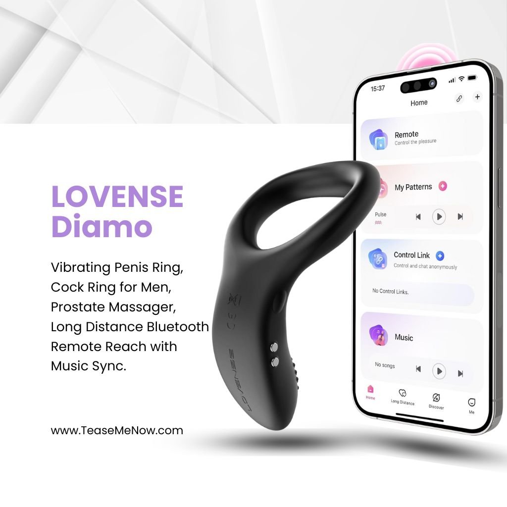 Lovense Diamo vibrating penis ring shown alongside a smartphone screen displaying the control app. The text highlights features of the Diamo, including its functionality as a cock ring for men, prostate massager, and long-distance Bluetooth remote control with music sync. The image includes the website 'TeaseMeNow.com' at the bottom.