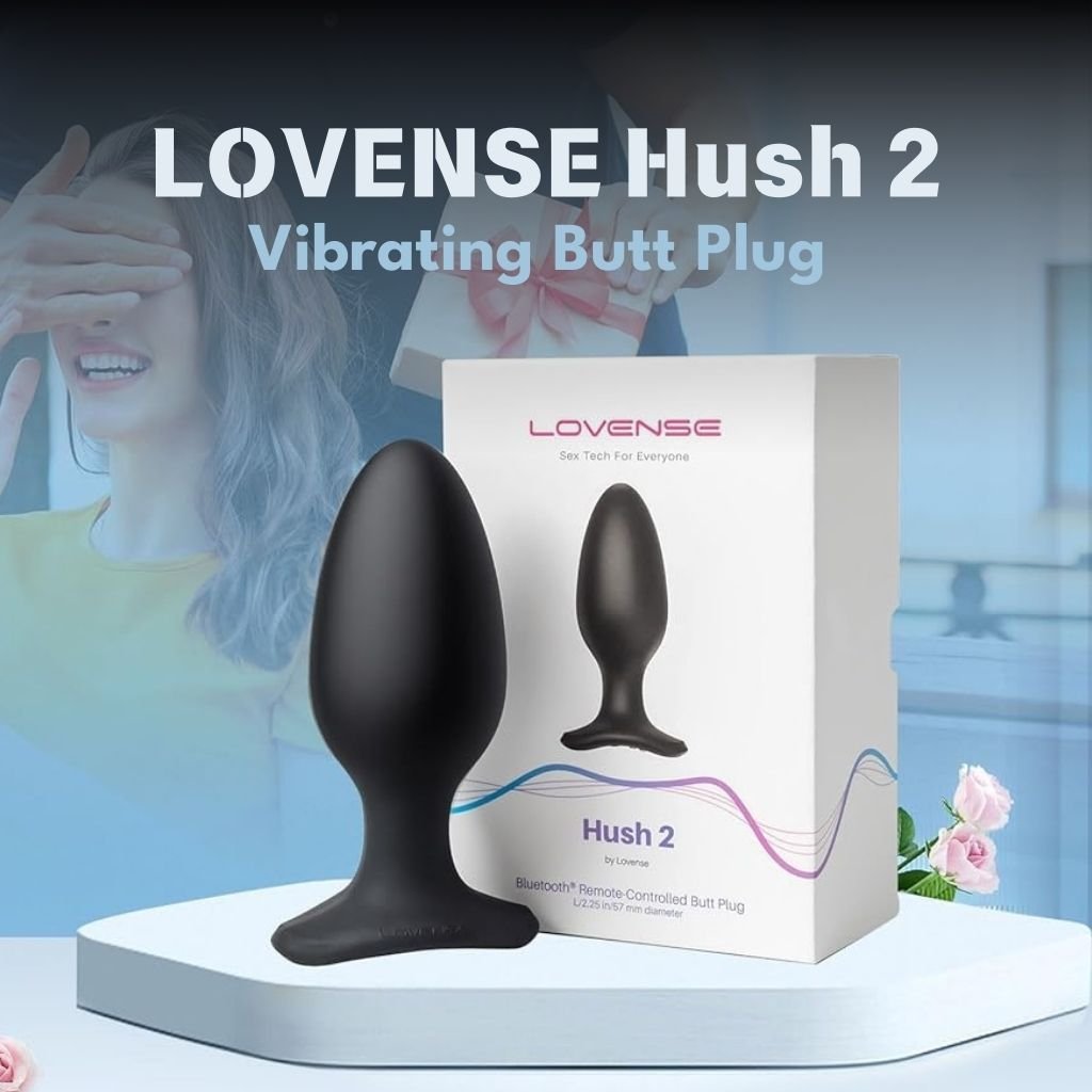Image of the Lovense Hush 2 Vibrating Butt Plug in black, displayed next to its packaging. The text reads: 'LOVENSE Hush 2 Vibrating Butt Plug.' The packaging features a smaller image of the product and highlights its Bluetooth® Remote-Controlled capabilities. The tagline 'Sex Tech For Everyone' is also displayed.