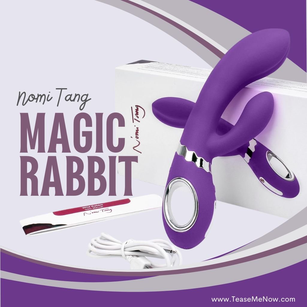 An advertisement for the 'Nomi Tang Magic Rabbit,' featuring a sleek purple dual-motor vibrator with rabbit ears. The design is ergonomic with silver accents, and a white charging cable is displayed alongside the product packaging. The 'Nomi Tang' logo and branding are prominently shown, with 'Magic Rabbit' written in bold letters. The website 'TeaseMeNow.com' is included at the bottom.