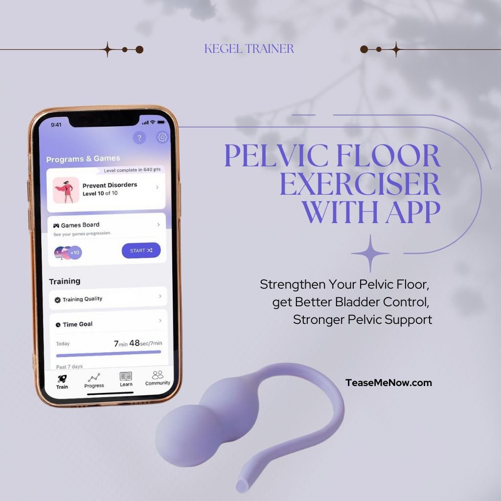Pelvic Floor Exerciser with App, a Kegel trainer designed to strengthen the pelvic floor for better bladder control and stronger pelvic support. The image shows a lavender-colored Kegel exerciser next to a smartphone displaying an app with training programs and progress tracking. The website 'TeaseMeNow.com' is featured at the bottom.