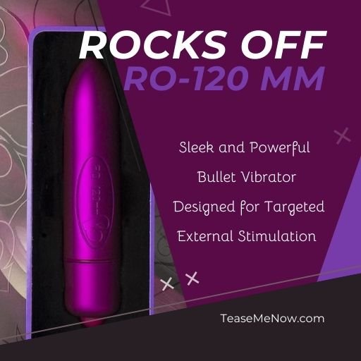 Image featuring the Rocks Off RO-120 mm bullet vibrator in a sleek purple design. The product is showcased in its packaging on the left side of the image. The right side includes text: 'Rocks Off RO-120 mm' in bold white and purple fonts, followed by a description that reads: 'Sleek and Powerful Bullet Vibrator Designed for Targeted External Stimulation.' The background has geometric patterns and a purple theme.