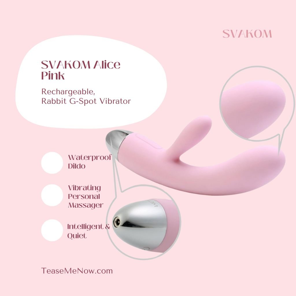 SVAKOM Alice Pink Rechargeable Rabbit G-Spot Vibrator, featuring a sleek pink design with a silver base. The product is waterproof, serves as a vibrating personal massager, and is promoted as intelligent and quiet. The image highlights various parts of the vibrator, set against a soft pink background with the TeaseMeNow.com branding at the bottom.