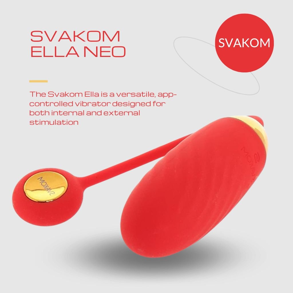 Image featuring the Svakom Ella Neo, an app-controlled vibrator in a vibrant red and gold design. The product is showcased on the right side of the image with its smooth, rounded shape. The top-left corner reads 'Svakom Ella Neo' in red font, and beneath it is a description in smaller text: 'The Svakom Ella is a versatile, app-controlled vibrator designed for both internal and external stimulation.