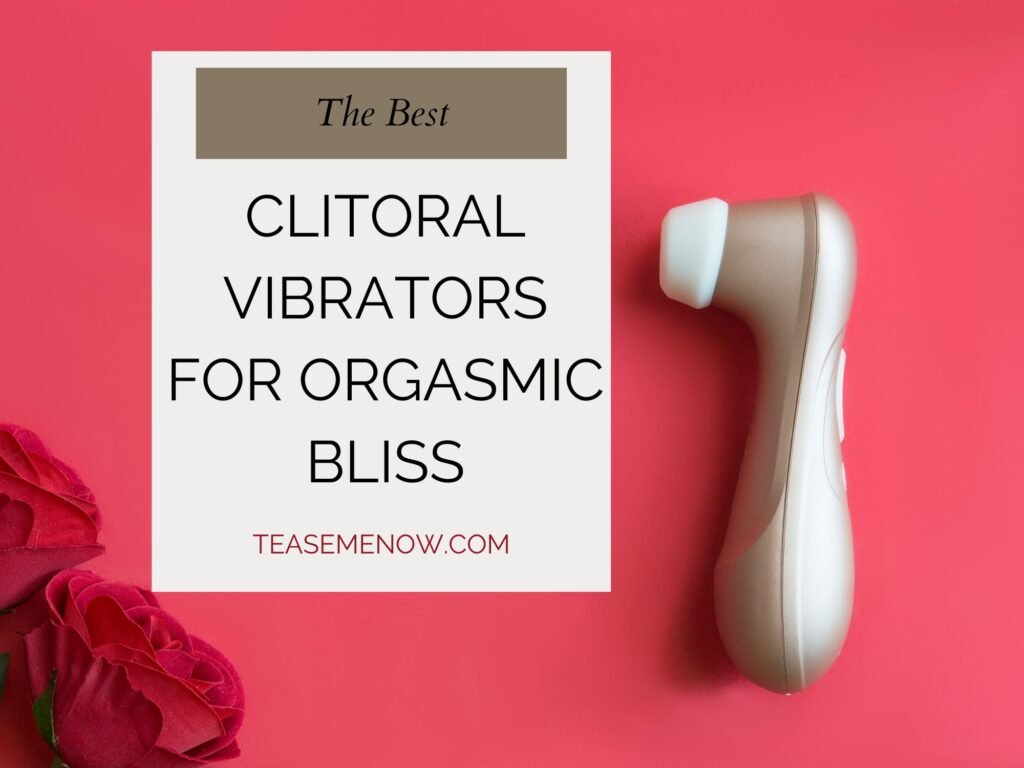 A vibrant advertisement titled 'The Best Clitoral Vibrators for Orgasmic Bliss.' The image features a golden clitoral vibrator on the right, placed on a bright red background, with red roses positioned on the left. The website 'TeaseMeNow.com' is written underneath the main title.