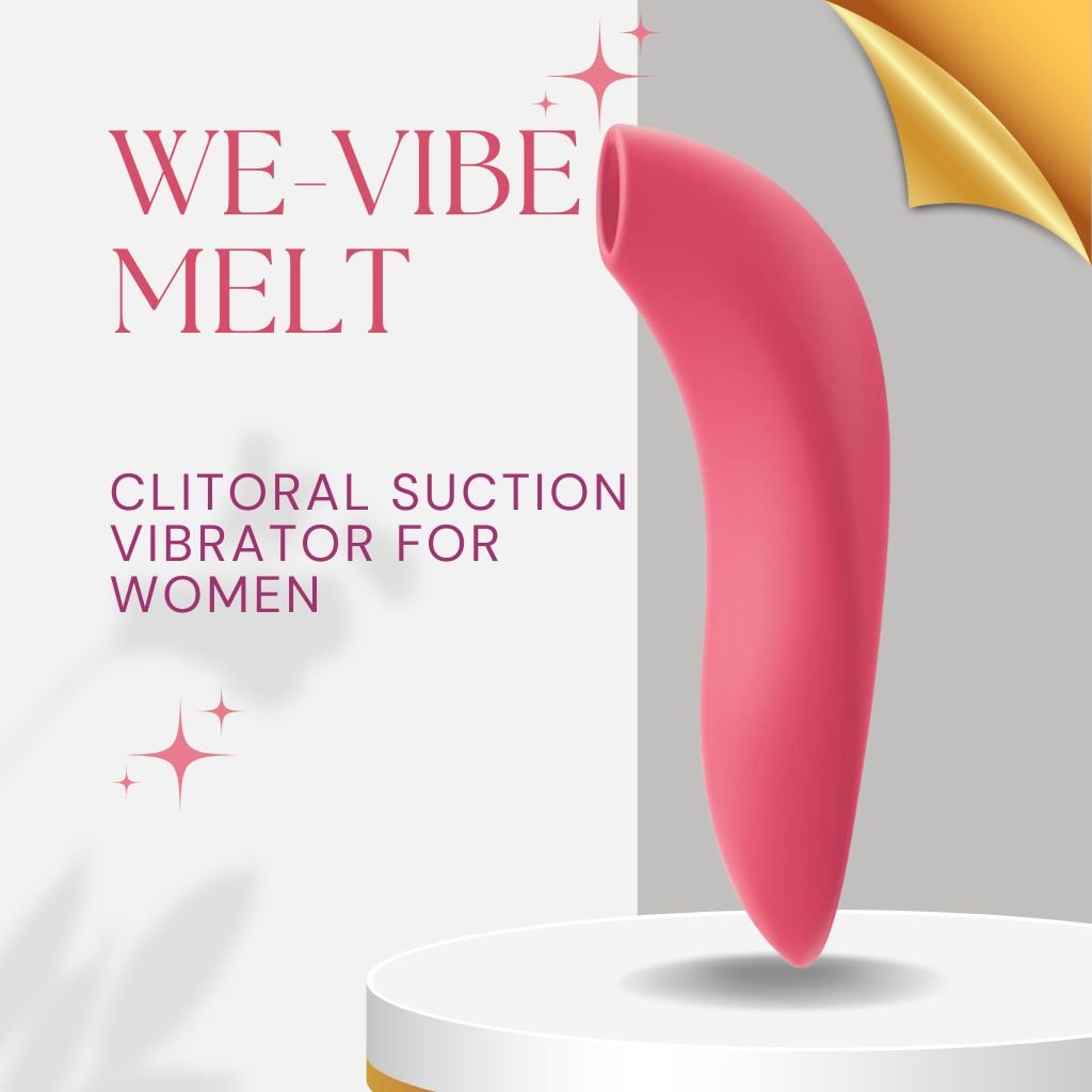 Illustration of the We-Vibe Melt, a clitoral suction vibrator for women, in a soft pink colour. The text reads: 'We-Vibe Melt Clitoral Suction Vibrator for Women.' The vibrator is placed on a circular white stand with a minimalist background featuring subtle sparkles and a golden folded corner at the top right.