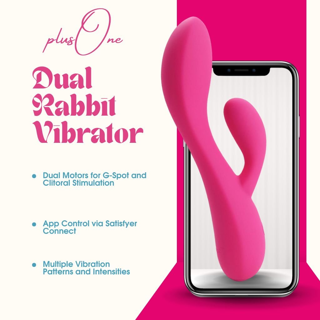 plusOne Dual Rabbit Vibrator in vibrant pink displayed against a smartphone screen, highlighting app control via Satisfyer Connect. The vibrator features dual motors for G-Spot and clitoral stimulation, along with multiple vibration patterns and intensities. The image has a pink and cream background, with bold product branding on the left.